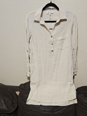 Dolly Jolly Linen Blend Cream Midi Shirt Dress